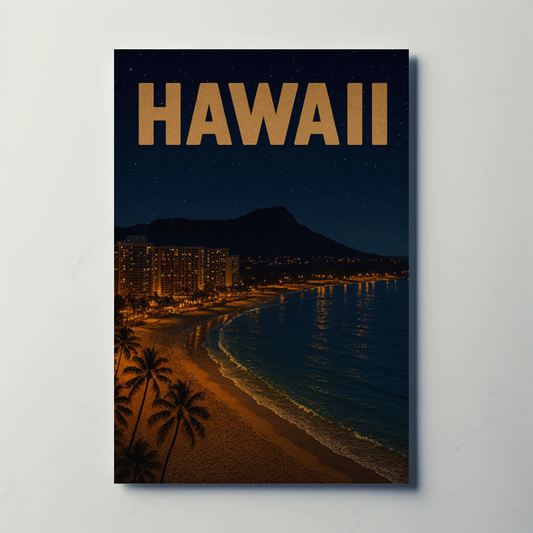 Hawaii Coastline At Night With Hotels Travel Poster