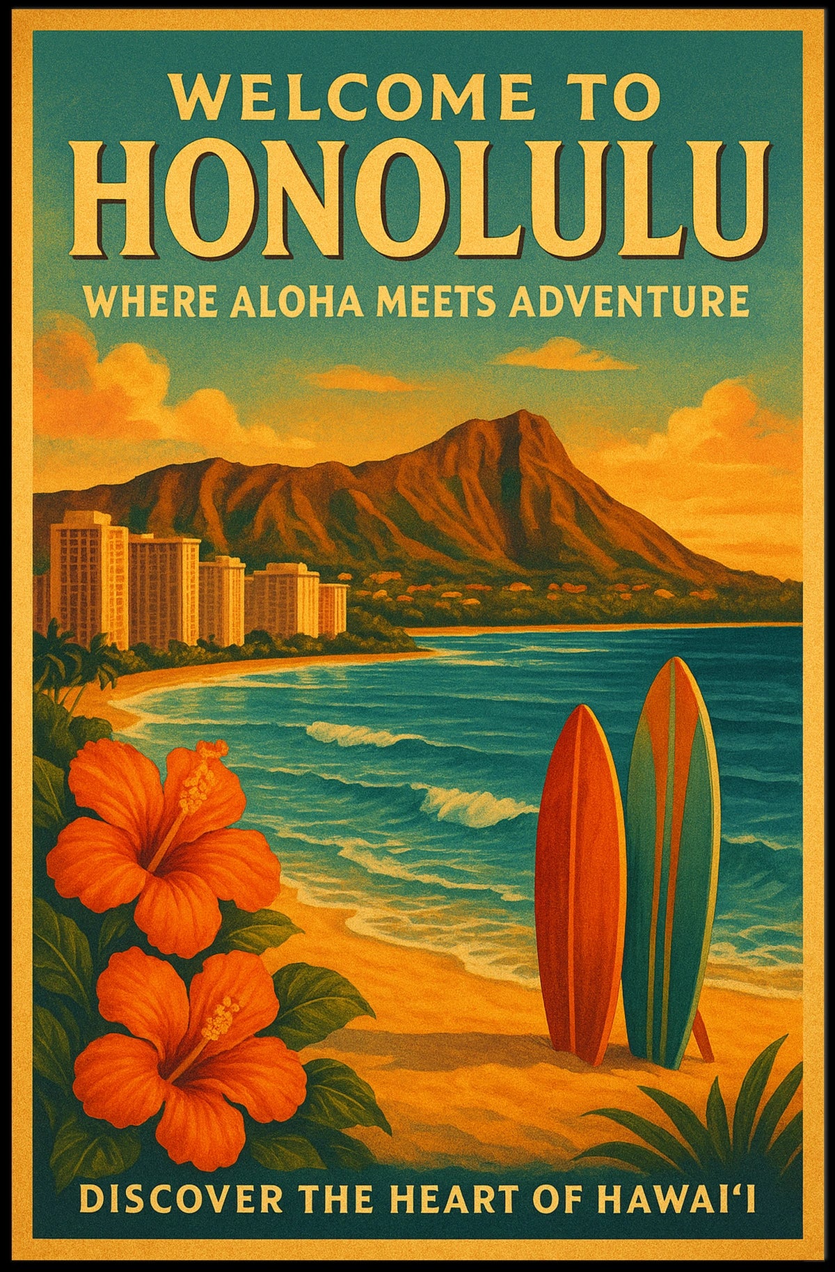 Honolulu Adventure Vintage Travel Poster Beach & Surfboards