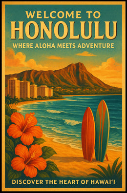 Honolulu Adventure Vintage Travel Poster Beach & Surfboards