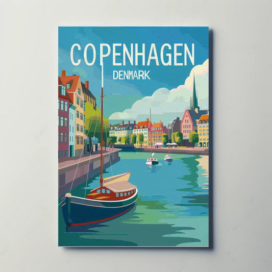 Copenhagen Harbor Colorful Buildings Vintage Travel Poster