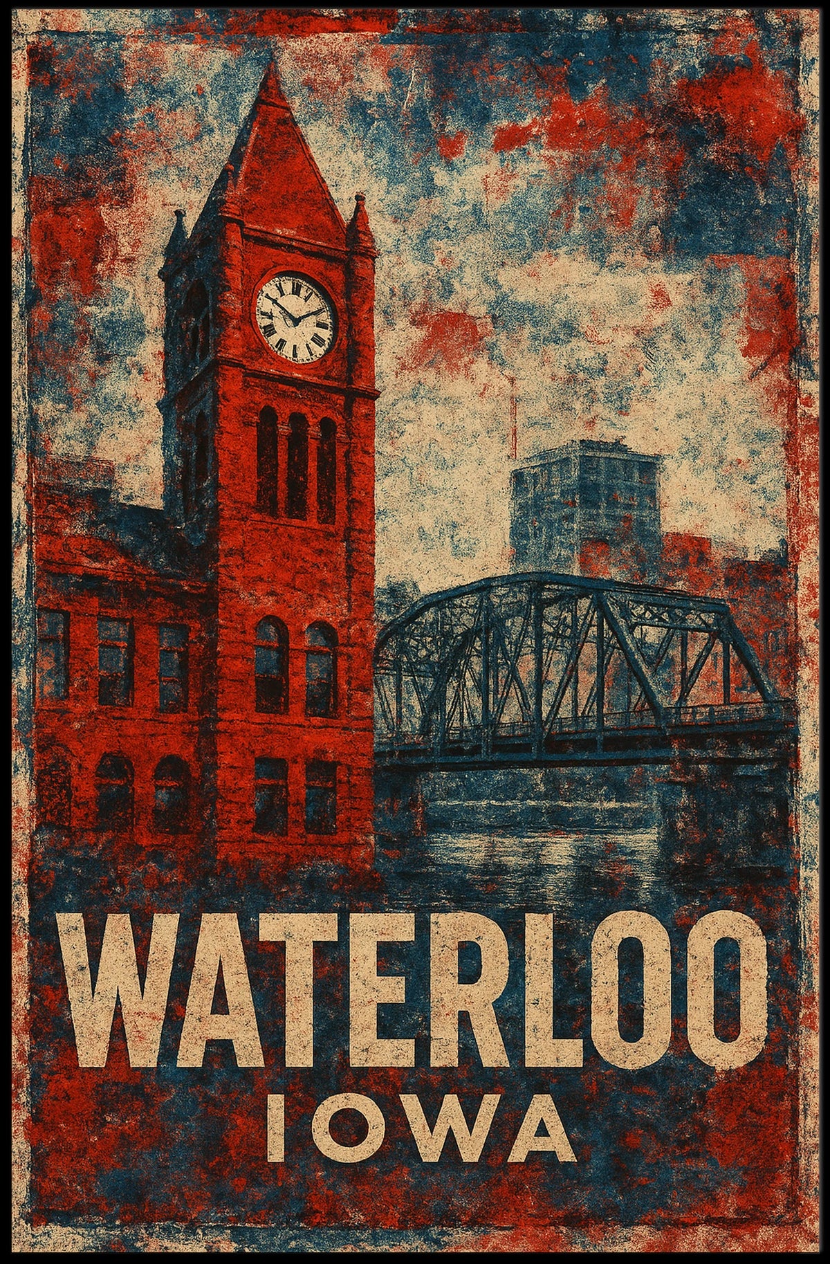 Waterloo Iowa Clock Tower Americana Vintage Poster