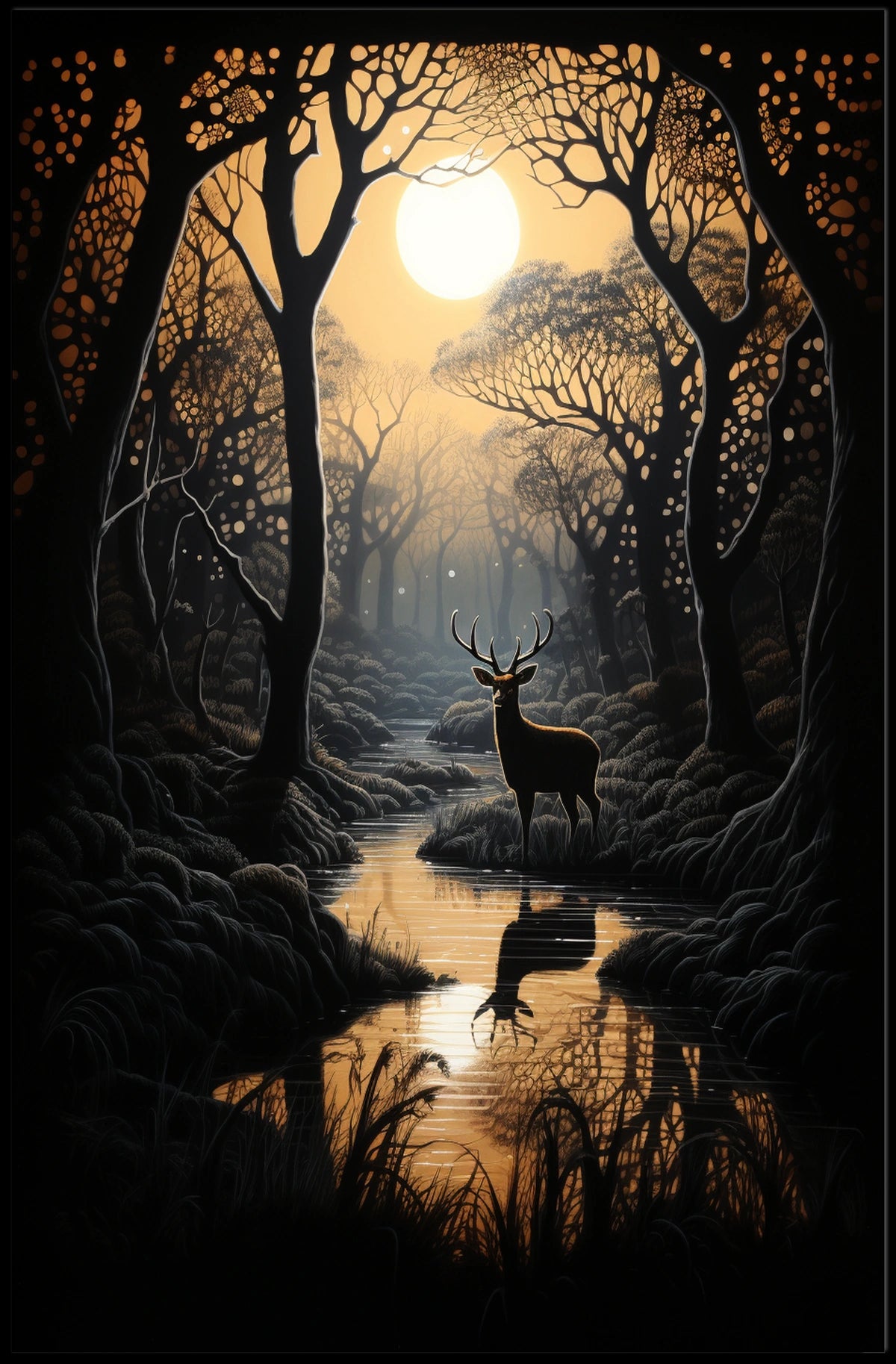 Stag by Moonlit Stream Serenity Animal Poster