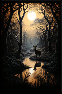 Stag by Moonlit Stream Serenity Animal Poster