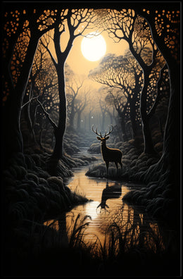 Stag by Moonlit Stream Serenity Animal Poster