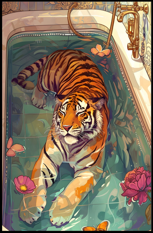 Serene Tiger in Bathtub Animal Poster