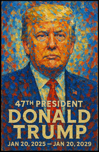 Donald Trump Visionary Leadership Portrait Bold Patriotic Impressionism Mosaic Style Poster