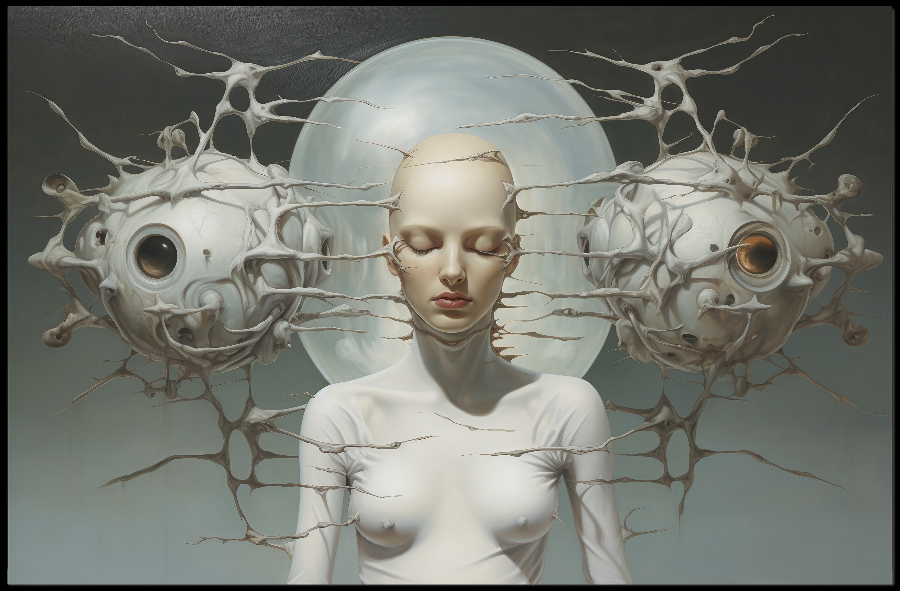 Surreal Human-Machine Fusion Poster: Futuristic Sci-Fi Poster
