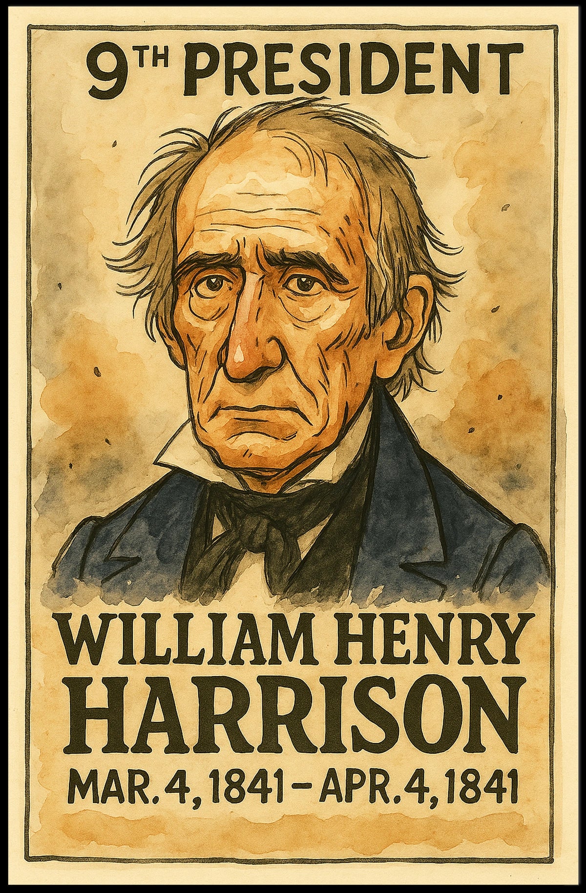 William Henry Harrison 9th President of the United States Exaggerated Cartoon Sketch Poster