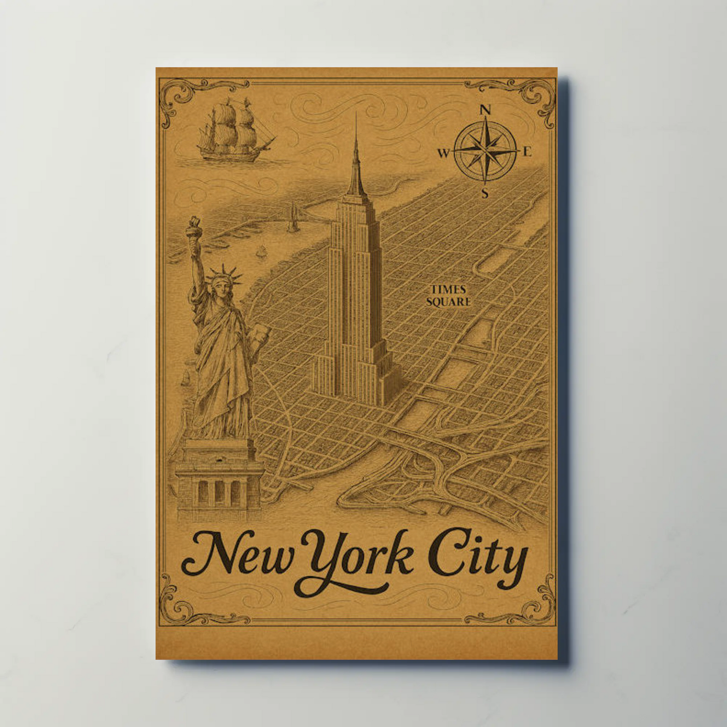 New York City Empire State Building Times Square Map Travel Poster