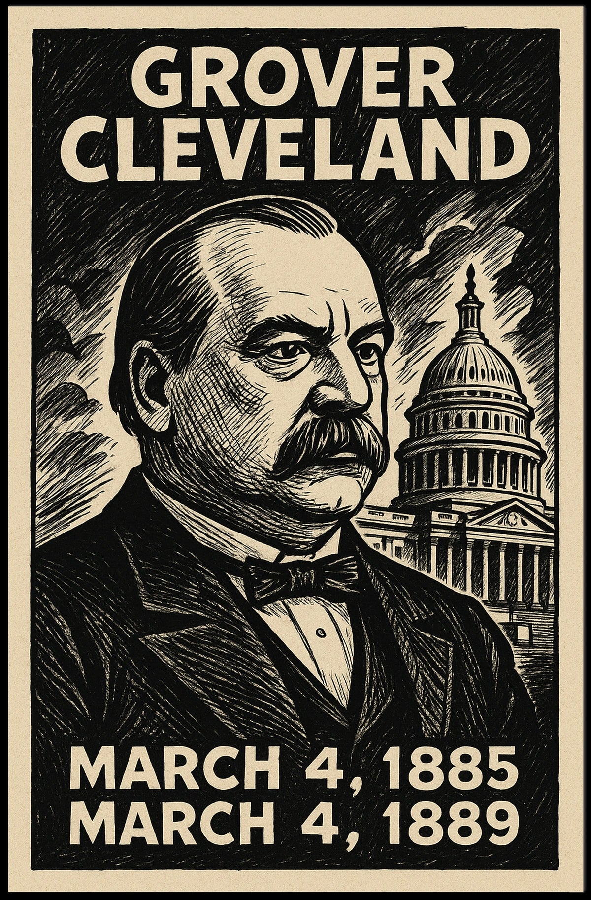 Grover Cleveland 22nd President of the United States B & W Comic Sketch Poster