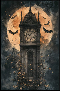 The poster features a tall, Gothic-style clock tower standing prominently at the center. Travel Poster