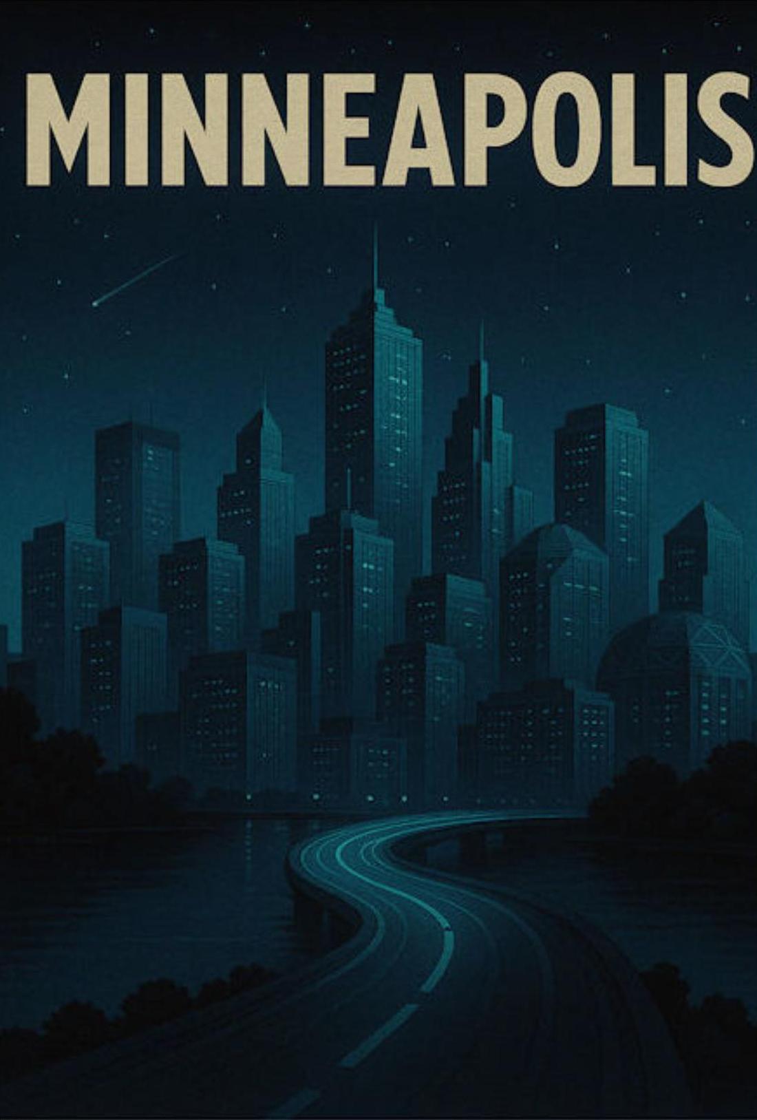 Minneapolis Night Skyline Blue Tones Vintage Travel Poster