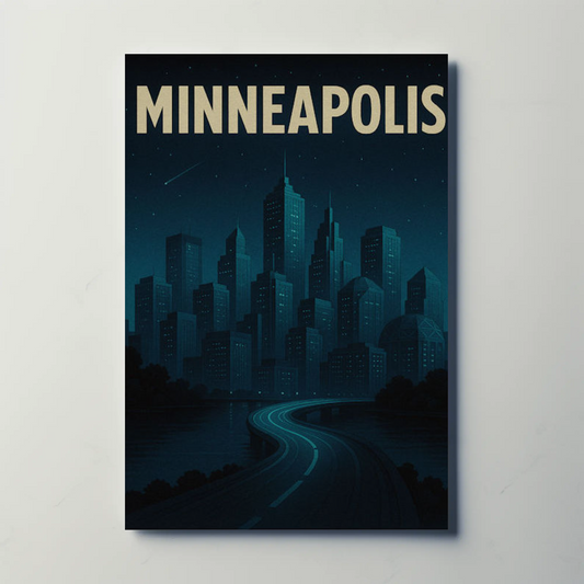 Minneapolis Night Skyline Blue Tones Vintage Travel Poster