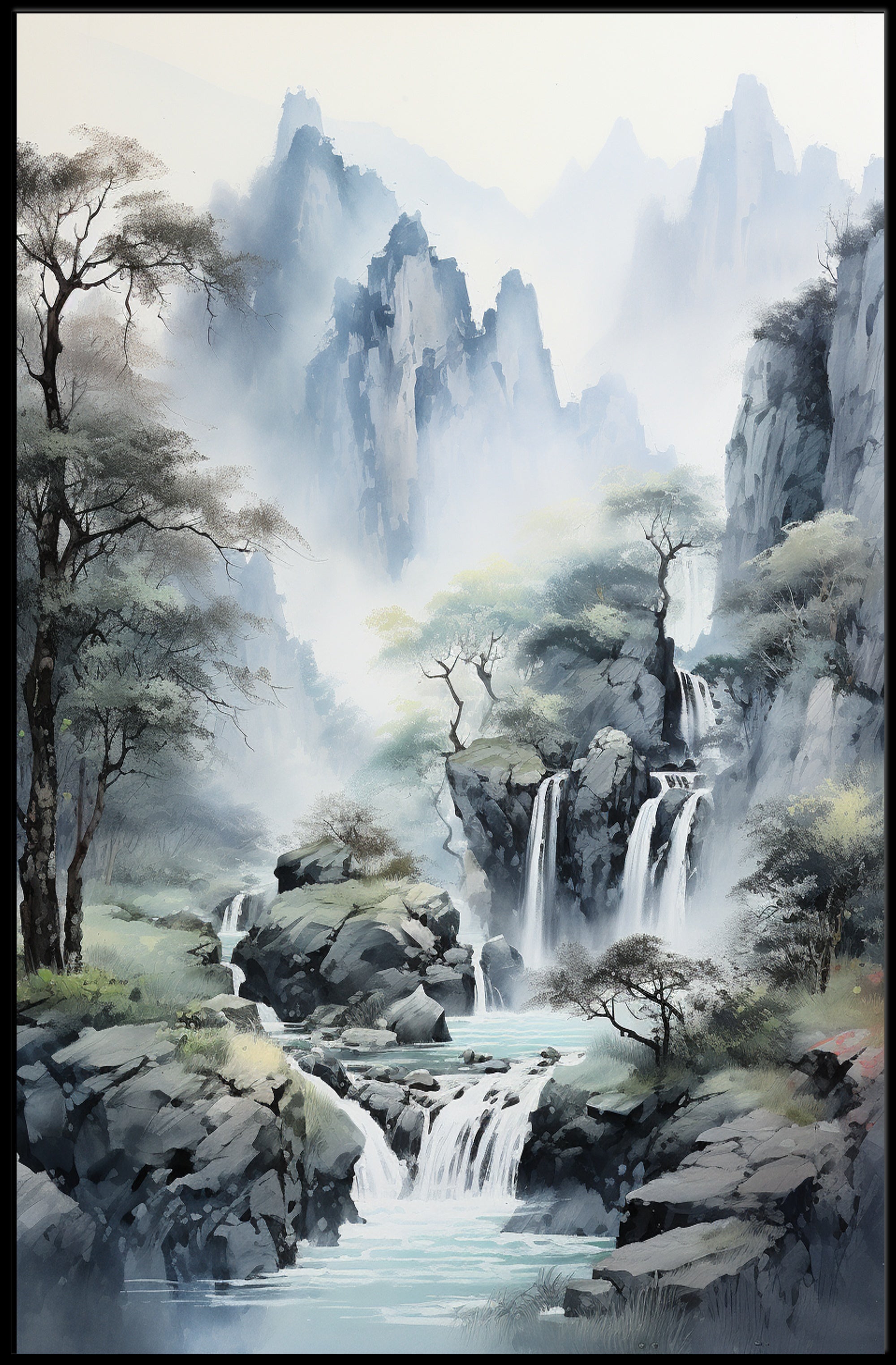 Tranquil East Asian Landscape Waterfall Scenic Poster