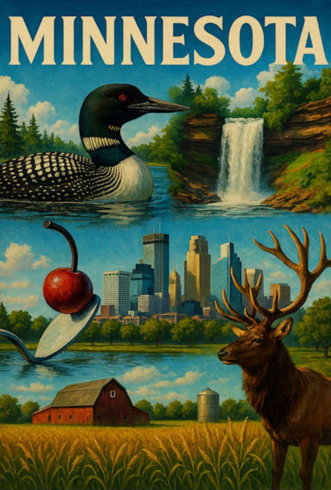Minnesota Wildlife Farm Waterfall City Symbols Poster