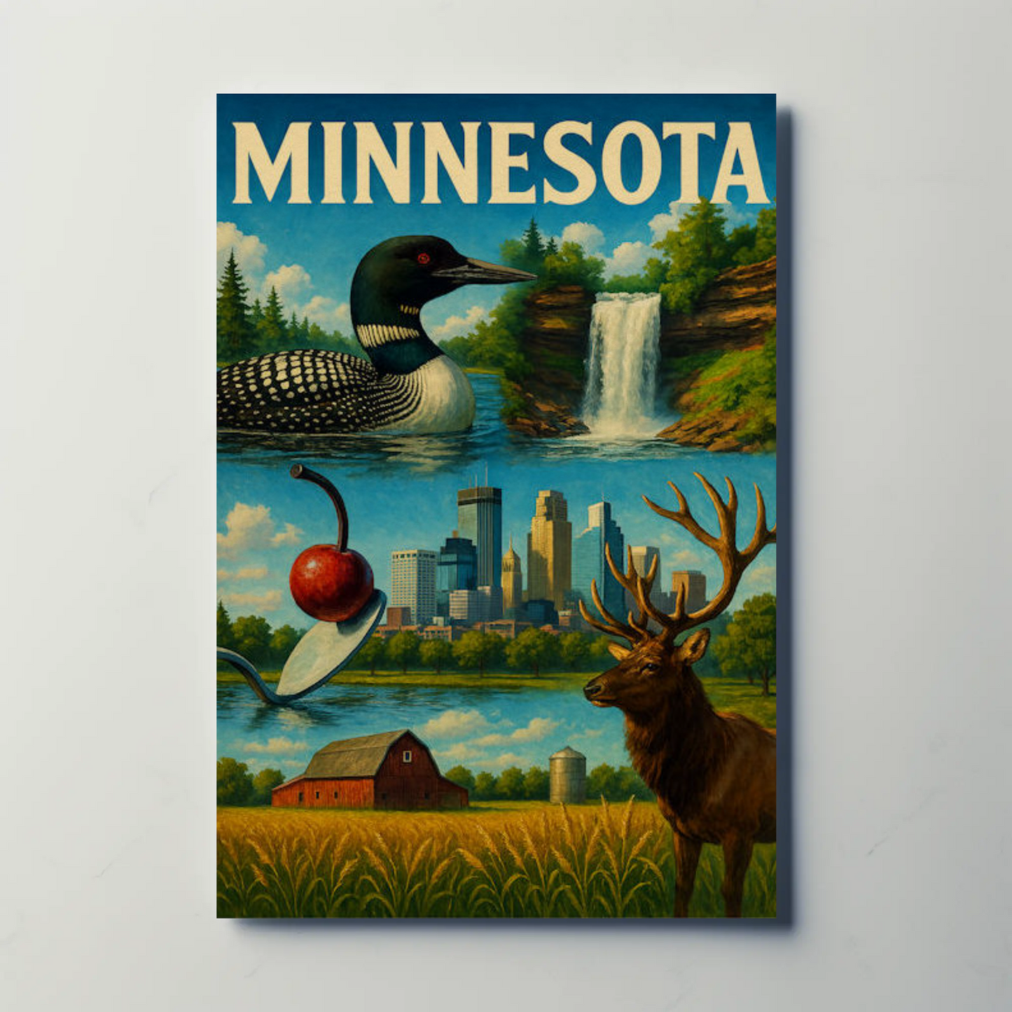 Minnesota Wildlife Farm Waterfall City Symbols Poster