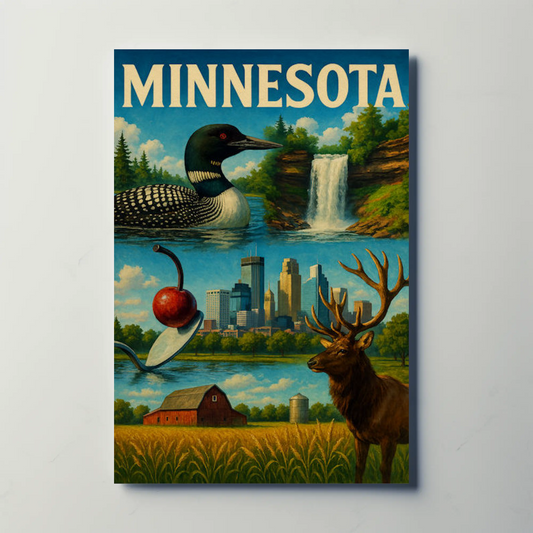 Minnesota Wildlife Farm Waterfall City Symbols Poster