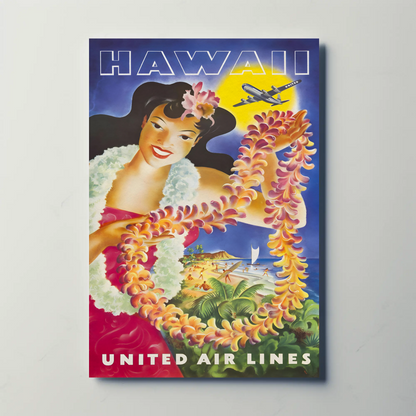 Hawaii United Airlines Lei Woman Beach Travel Poster