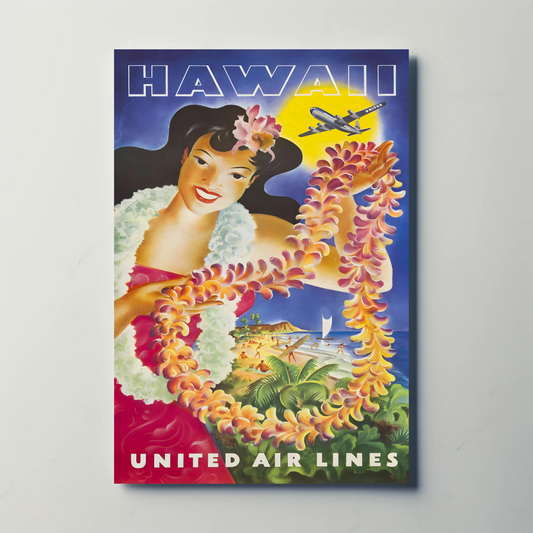 Hawaii United Airlines Lei Woman Beach Travel Poster
