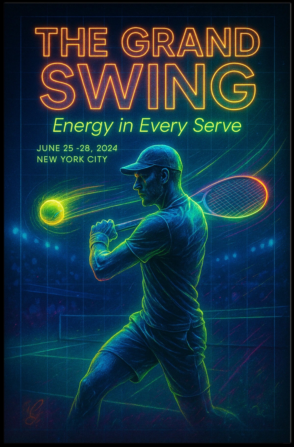 The Grand Swing Neon Tennis Event Poster Retro Wall Art