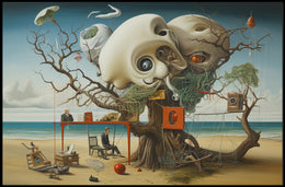 This surreal poster depicts a fantastical scene on a beach setting. Dominating the Travel Poster
