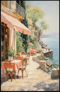 Sunlit Seaside Café Escape–Travel Poster