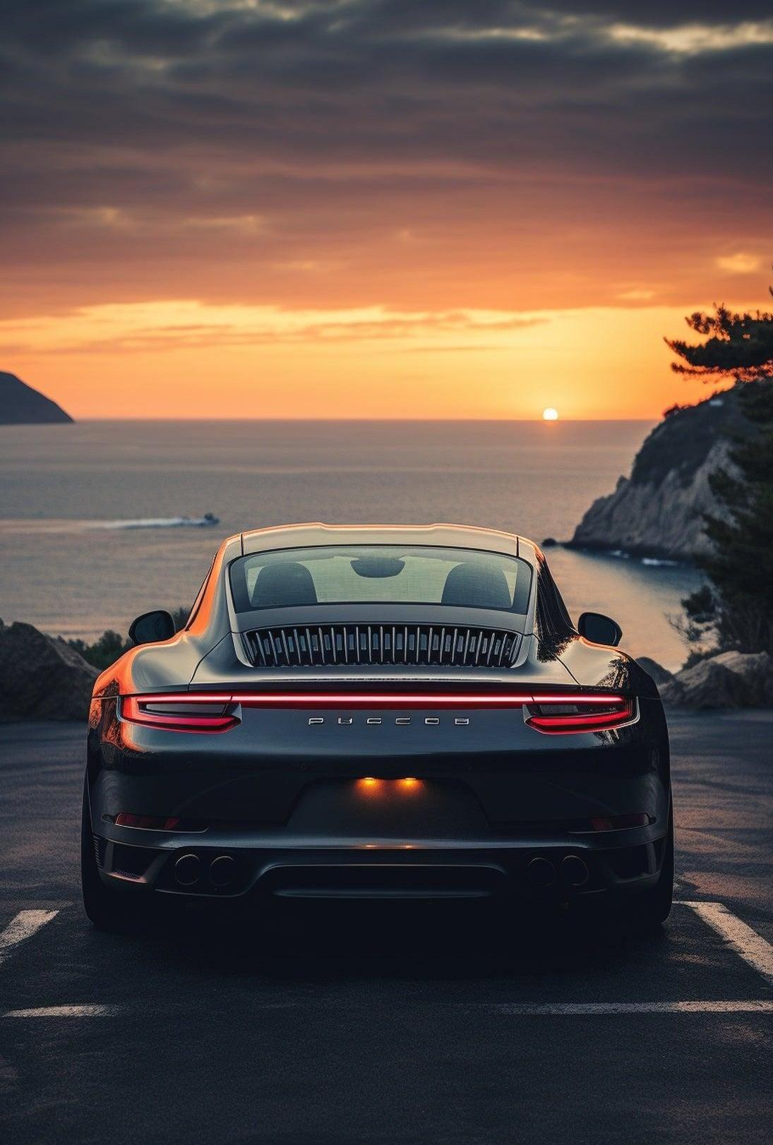 Luxury Sports Car Sunset Coastal Road Poster