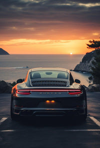 Luxury Sports Car Sunset Coastal Road Poster