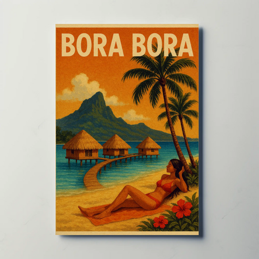 Bora Bora Woman Relaxing Beach Paradise Huts Travel Poster
