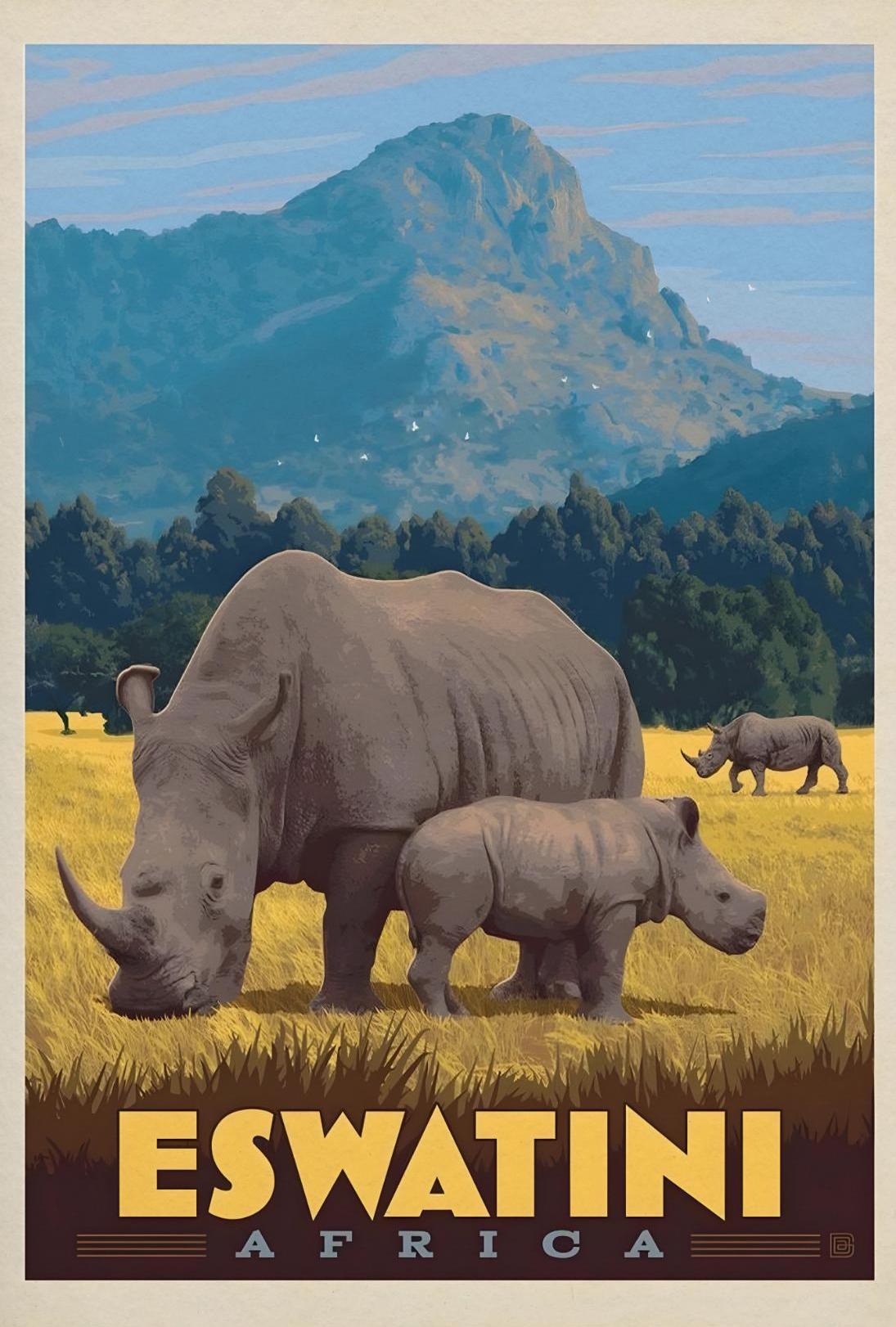 Eswatini Wildlife Safari Vintage Travel Poster