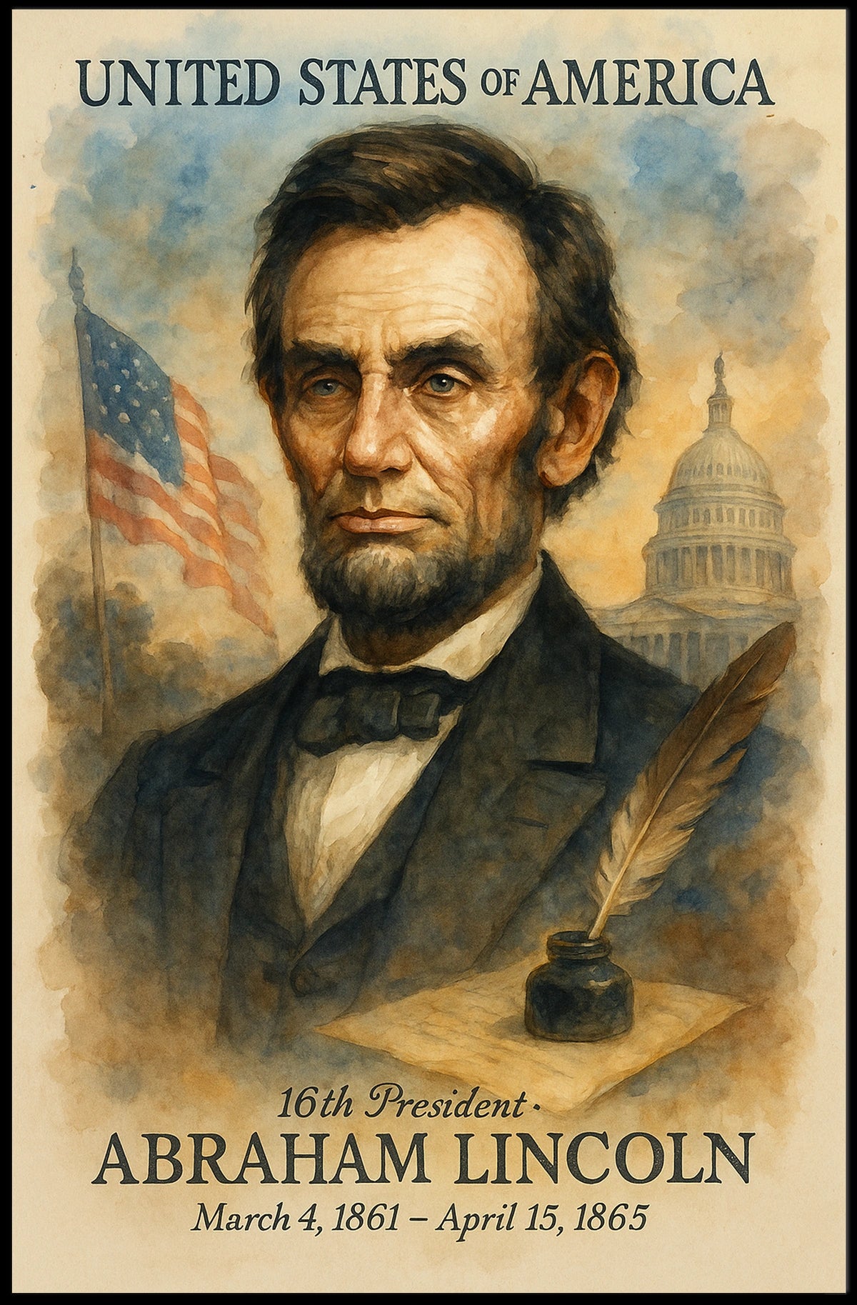 Abraham Lincoln 16th President of the United States Vintage Watercolor Poster