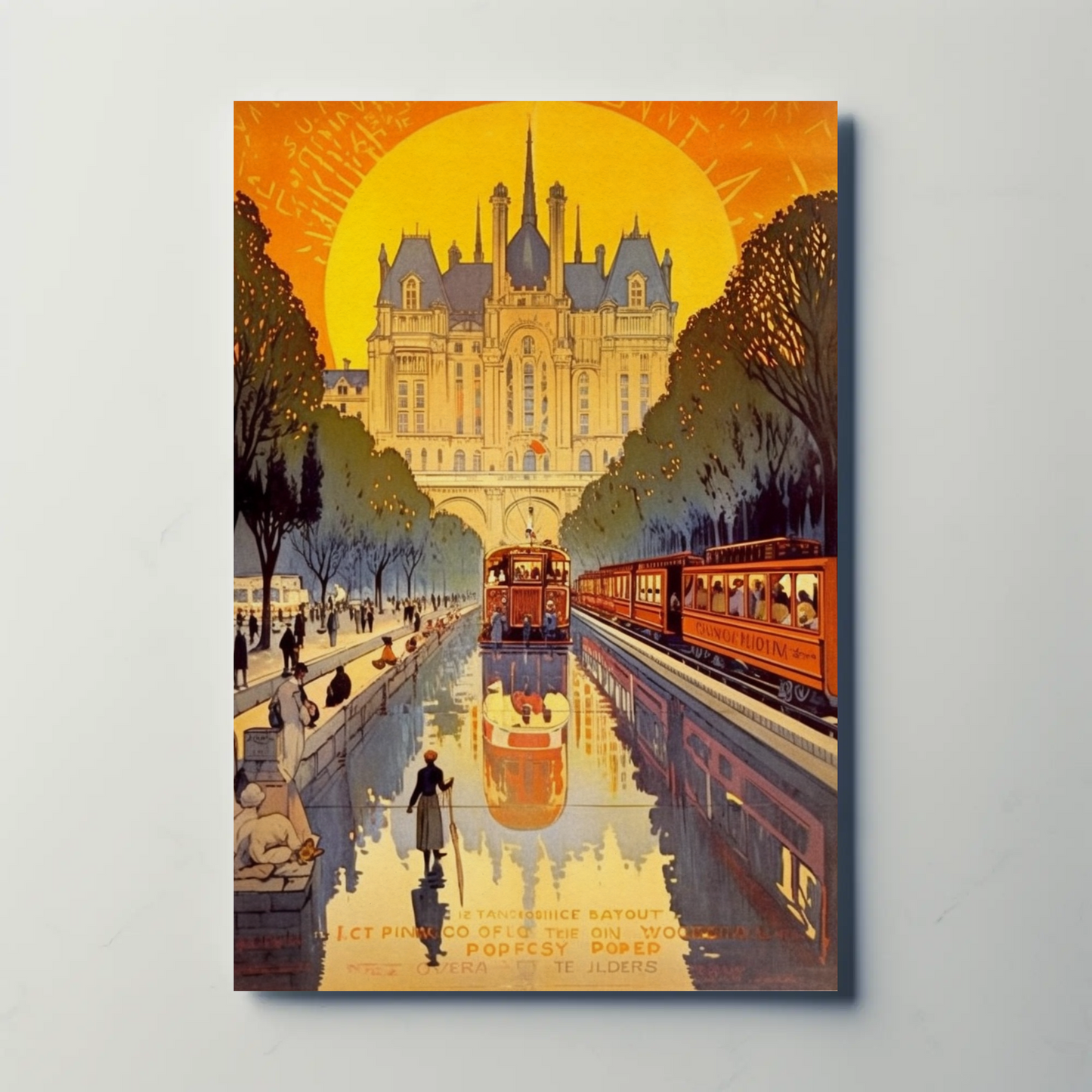 Paris Tram Canal Castle Sunset Travel Poster