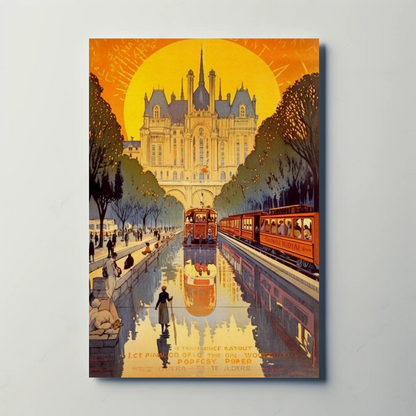 Paris Tram Canal Castle Sunset Travel Poster