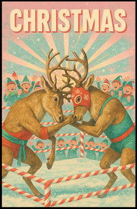 Festive Reindeer Wrestling Poster: Retro Holiday Fun
