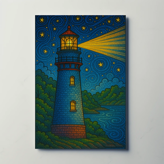 Lighthouse Night Stars Ocean Beacon Illustration Travel Poster