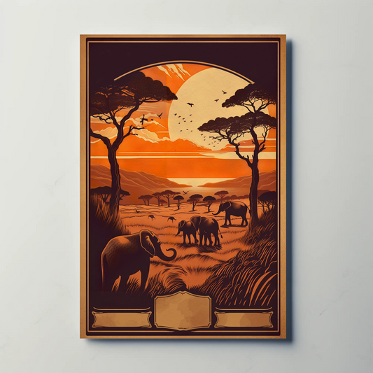 African Savanna Elephants Sunset Wildlife Travel Poster