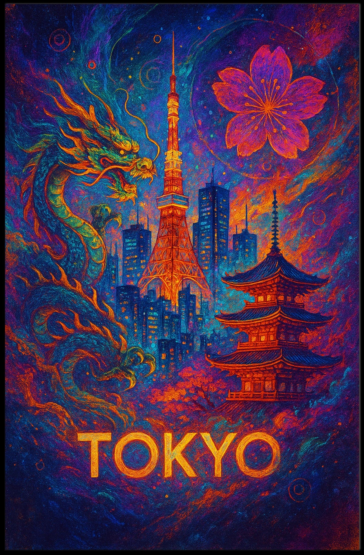 Tokyo Tower Fantasy: Vibrant Poster of Tradition & Modernity