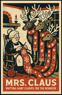 Mrs. Claus Knitting Scarves Poster