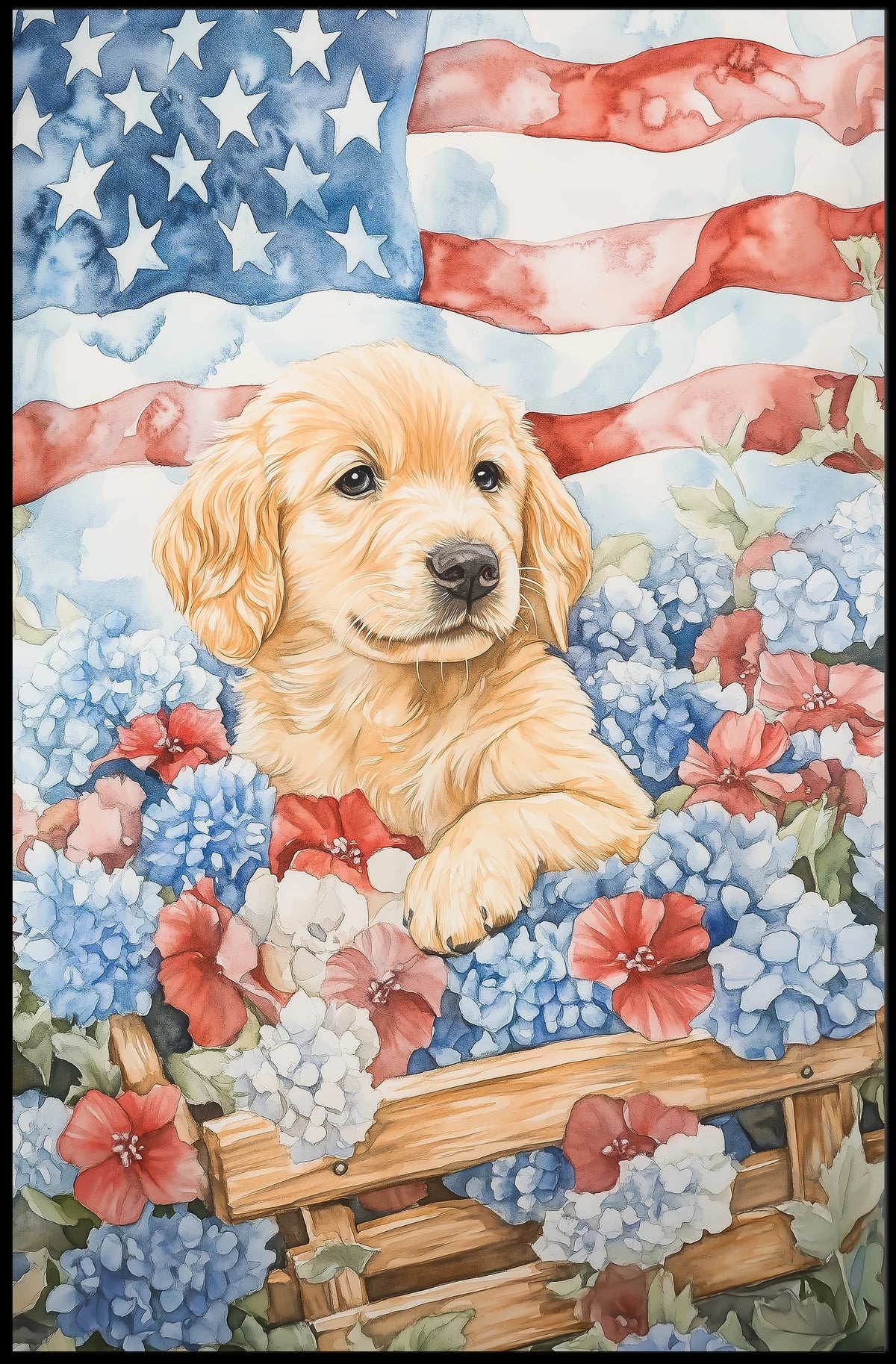 Golden Retriever Puppy In A Wagon With Flowers Poster