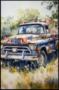 pickup truck parked in a sunny field Poster