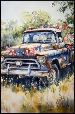 pickup truck parked in a sunny field Poster