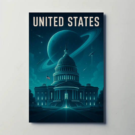 United States Futuristic Capitol Planet Rings Vintage Travel Poster