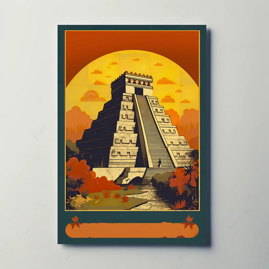 Mexico Chichen Itza Pyramid Sunset Vintage Travel Poster