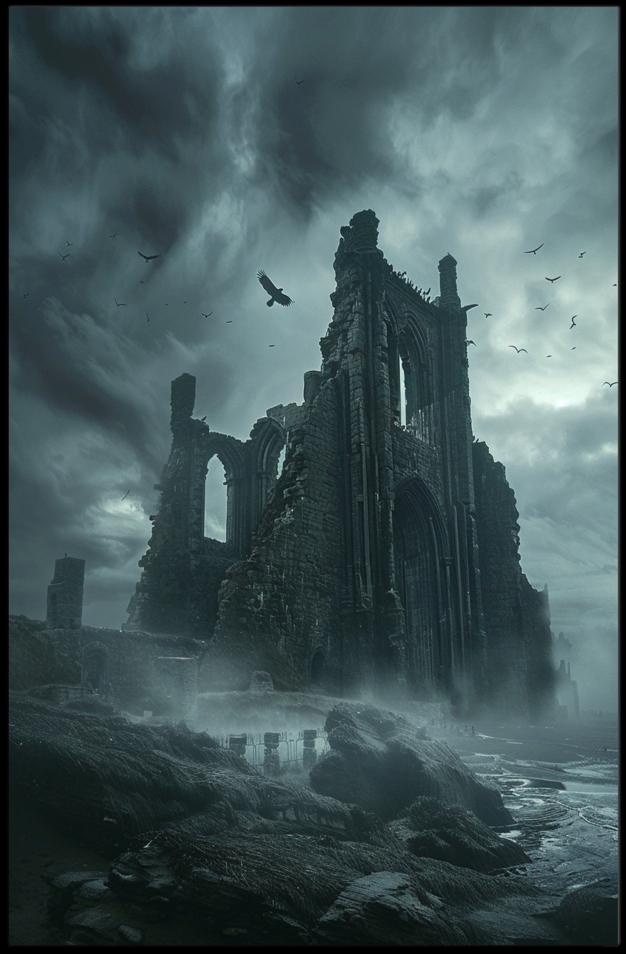 Gothic Cathedral Ruins in Haunting Fantasy or Mythology Poster PosterGoat