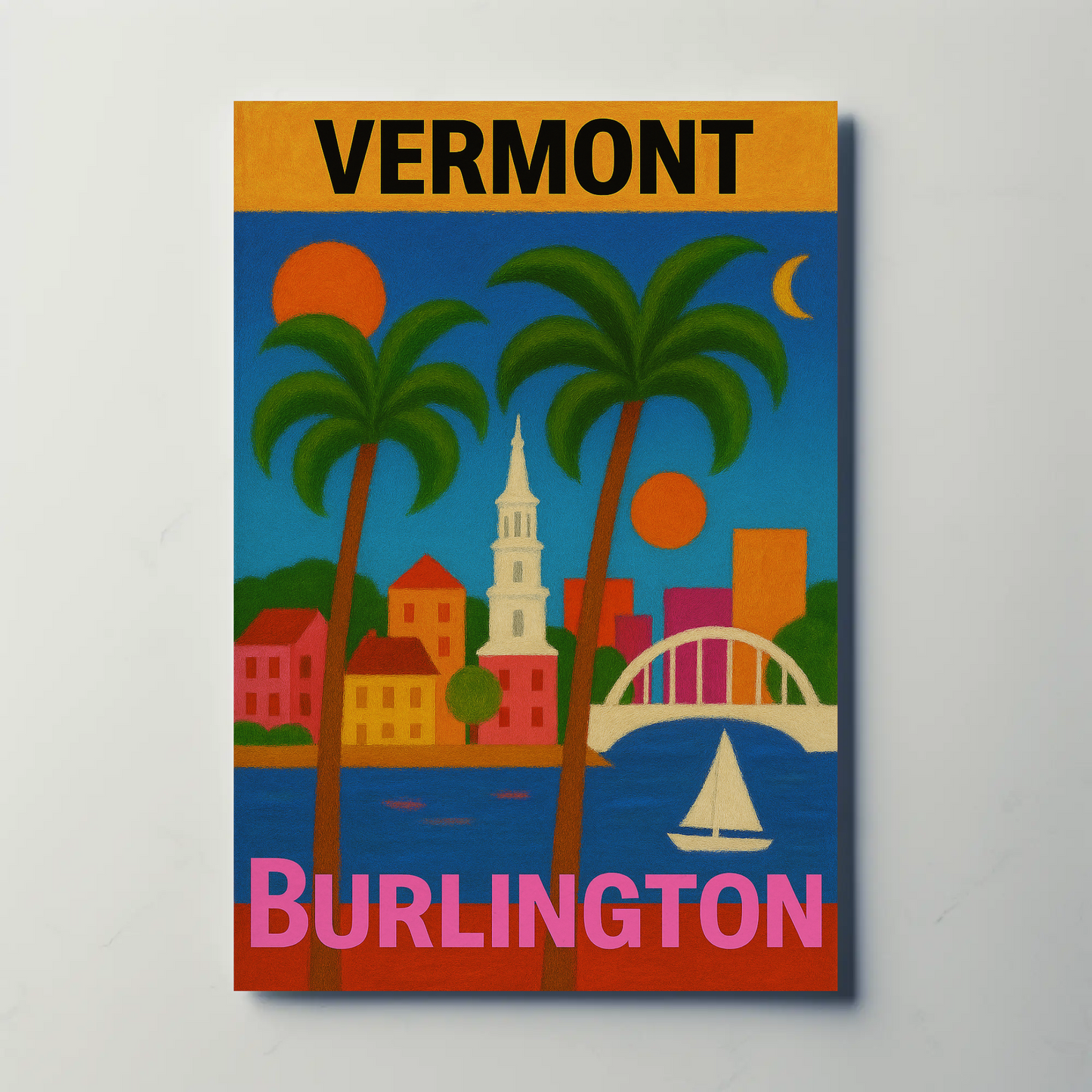 Vermont Burlington Palm Trees Church Sailboat Vintage Travel Poster
