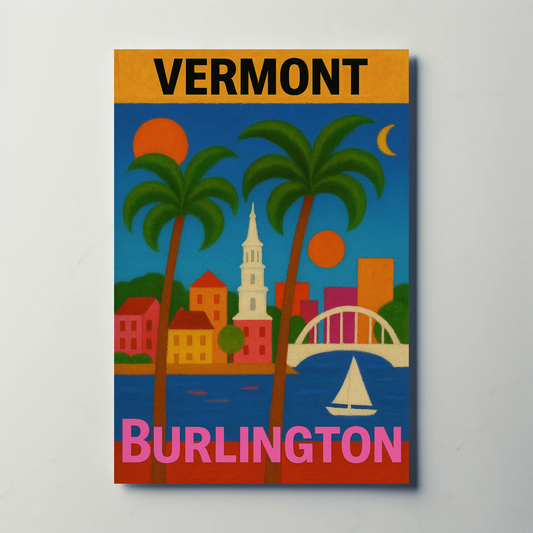 Vermont Burlington Palm Trees Church Sailboat Vintage Travel Poster