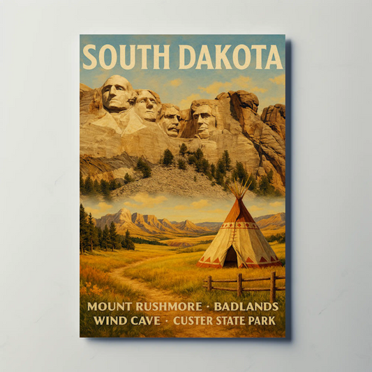 South Dakota Scenic Sites With Tipi And Mountains Travel Poster