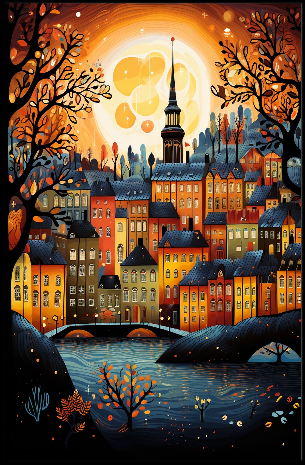 Vibrant Moonlit Classic European Townscape Art Travel Poster