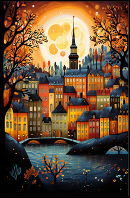 Vibrant Moonlit Classic European Townscape Art Travel Poster