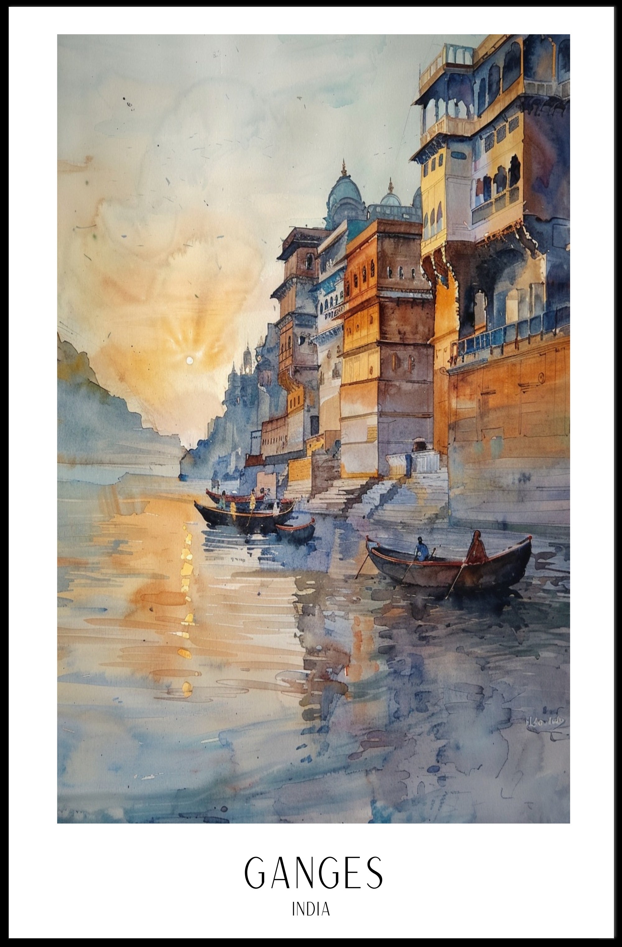 Serene Ganges Watercolor: Cultural or Heritage Poster PosterGoat